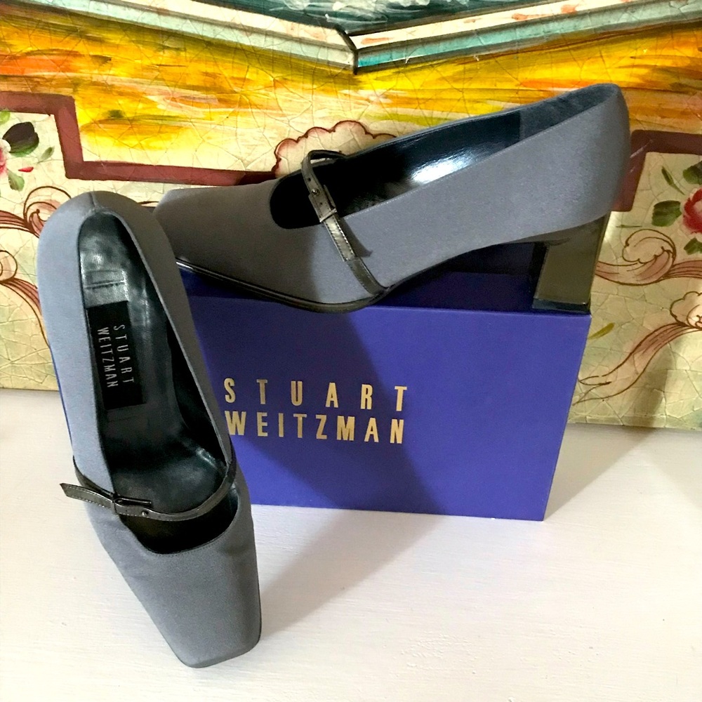 Stuart Weitzman Strapum Gray Crepe Pump